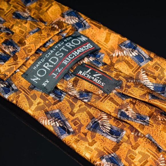 J.Z. Richards Gold Blue Foulard 100% Silk Mens Designer Tie USA - Picture 3 of 5